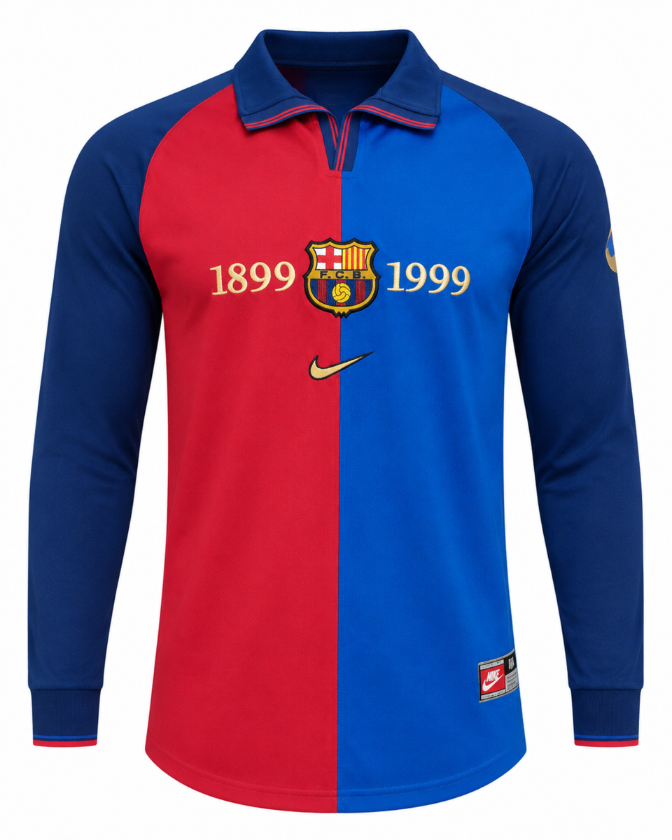 1899-1999 Barcelona Centenary Retro Home Jersey (Long Sleeve) – Vintage Half-and-Half Blaugrana Football Shirt