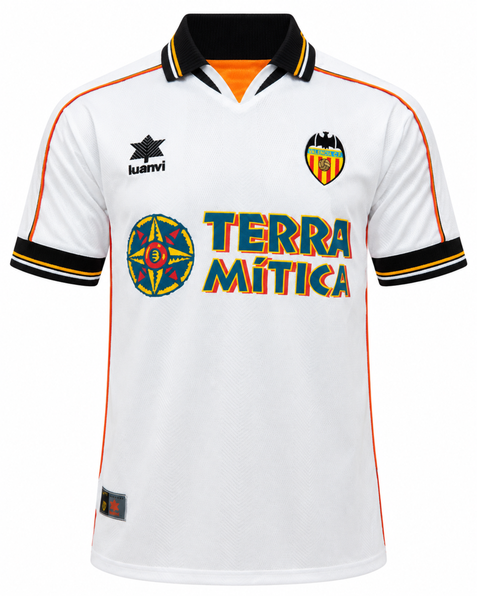 1999-2000 Valencia Retro Home Jersey (Player Version) – Vintage White & Black Bat Crest Football Shirt