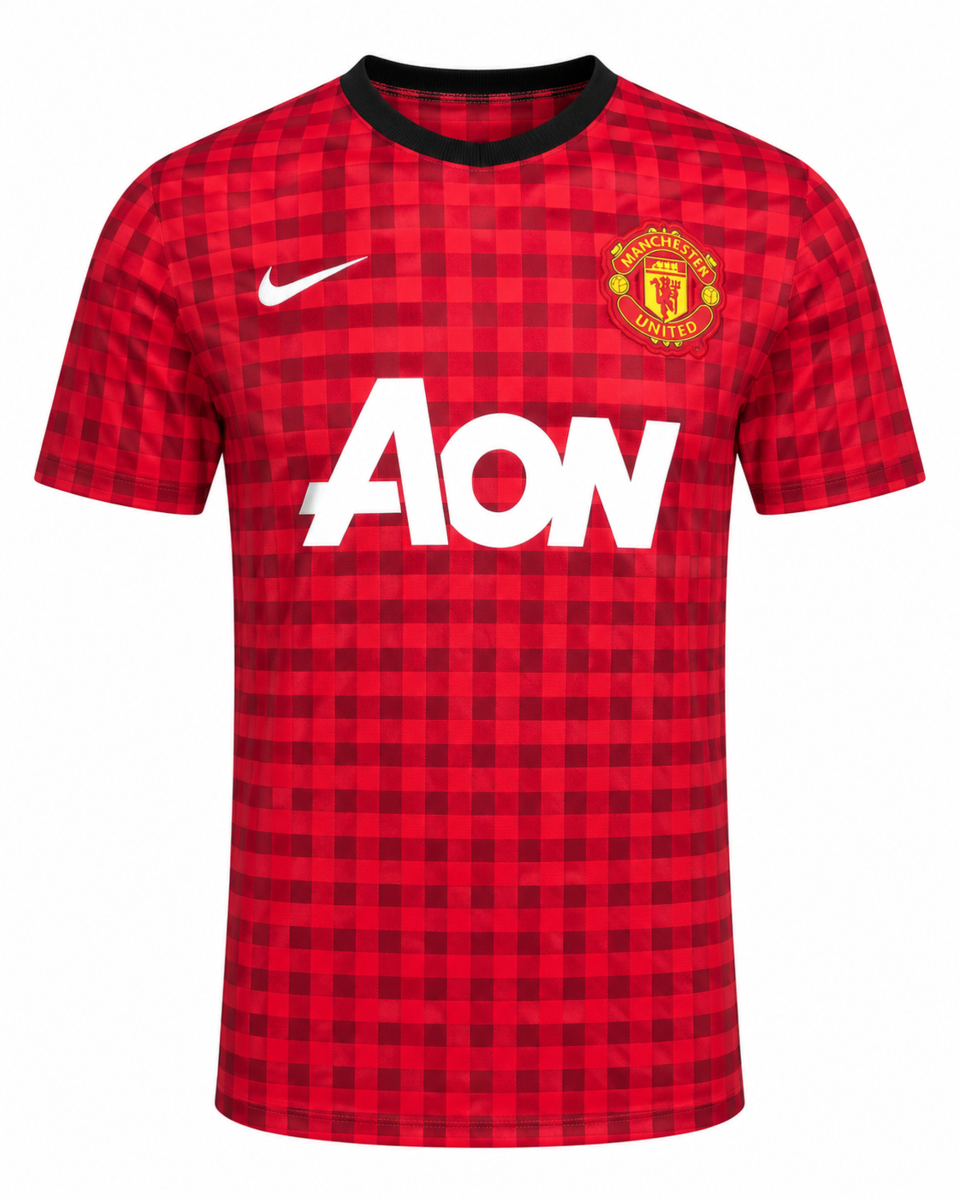 2012-2013 Manchester Red Retro Home Jersey (Player Version) – Vintage Gingham Check Football Shirt
