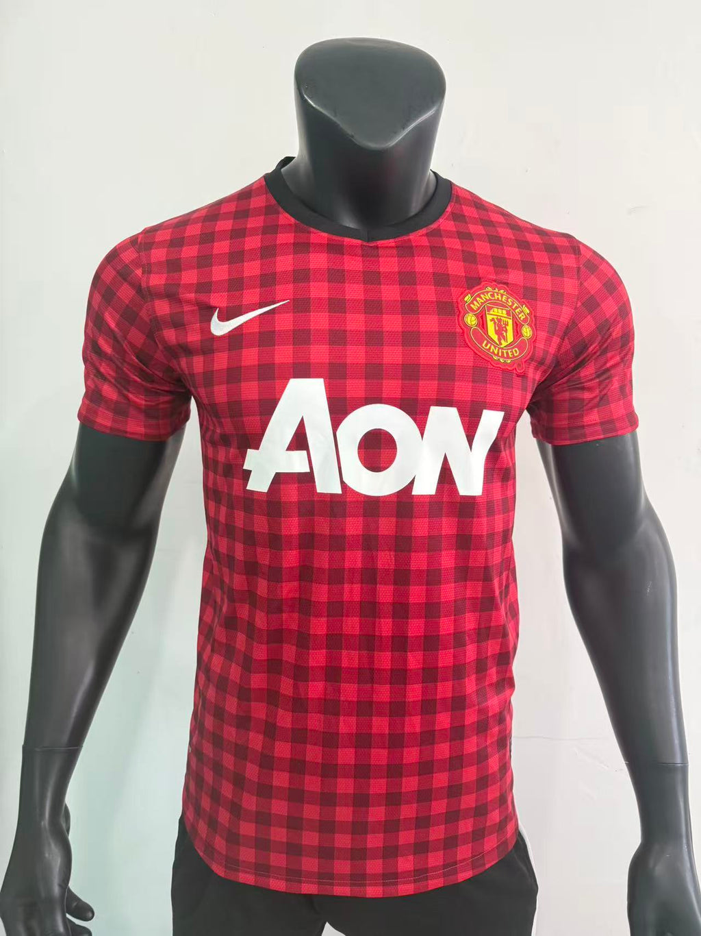 2012-2013 Manchester Red Retro Home Jersey (Player Version) – Vintage Gingham Check Football Shirt