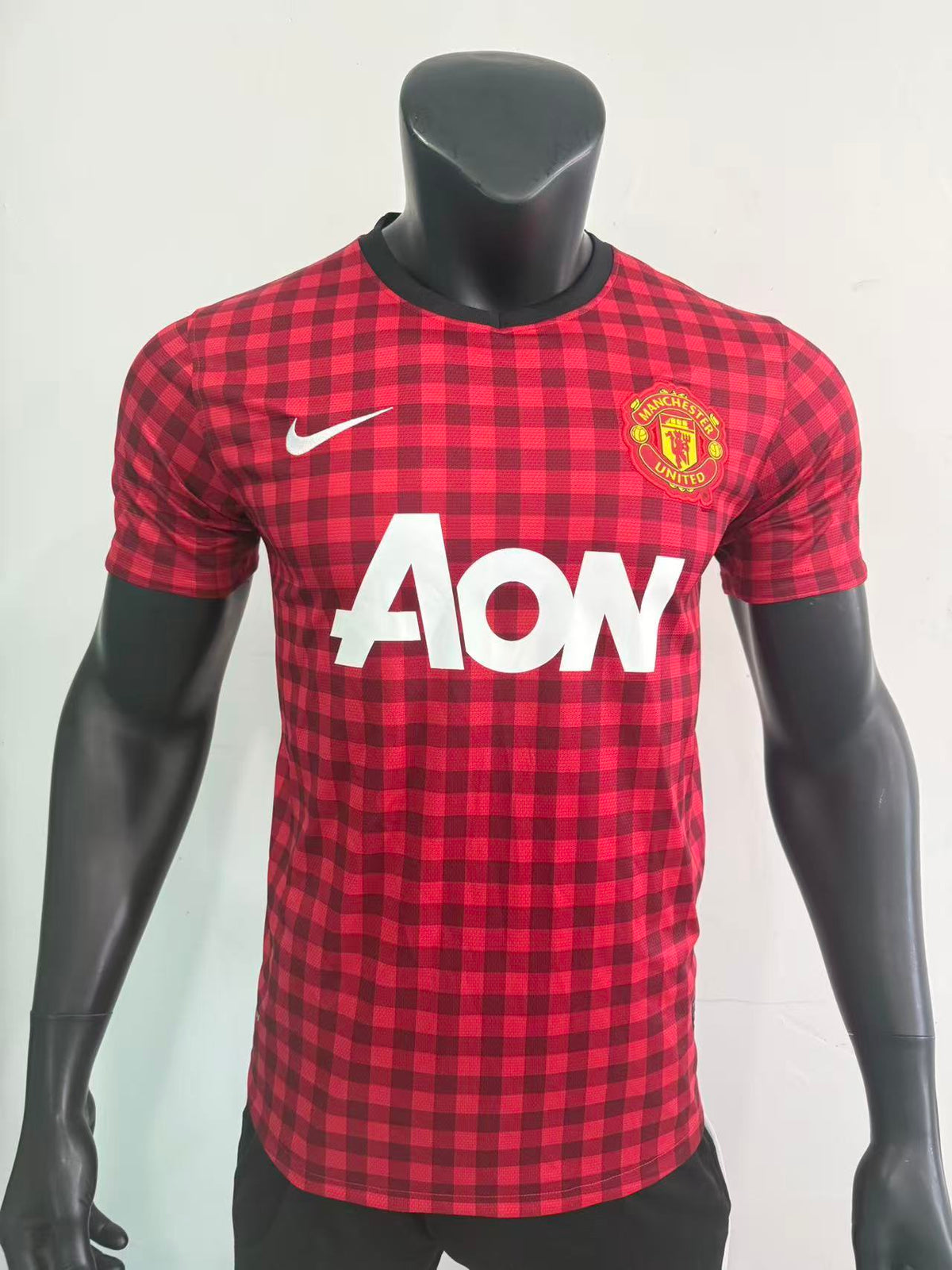 2012-2013 Manchester Red Retro Home Jersey (Player Version) – Vintage Gingham Check Football Shirt